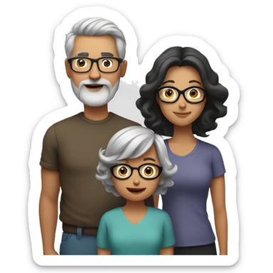 Familiy Group. Dad with grey short hair. Mother with brown shoulder long hair. Son with shorter black hair and beard. Everyone is wearing glasses sticker