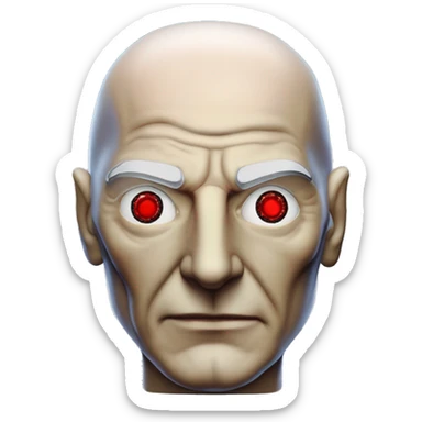 Jean luc picard from Star Trek assimilated by the Borg, with mechanical metal covering the left side of his face with a red glass lens over the left eye. His right eye looks like a normal human eye and is dark blue. sticker