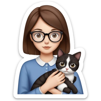 GIRL with BROWN HAIR and glasses with a  black and white cat sticker