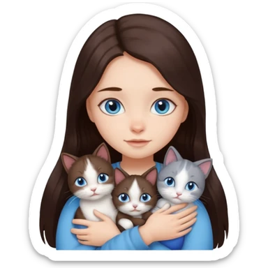 a girl with long dark 
brown hair, with blue eyes, hugs 3 different natural coloured small cats sticker