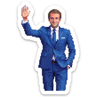 Emmanuel Macron, French president, pixel art style, blue suit, waving hand sticker