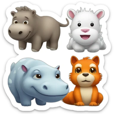 three animals in a picture, white peluche dragon,hippopotamus, fox sticker