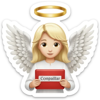 "An angel emoji with blonde hair, a halo, wings, holding a 'COMPARTILHAR' sign in bold letters." sticker