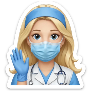 enfermera rubia con pelo largo, con mascarilla y guantes azules sticker
