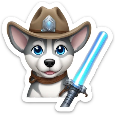 Gray Siberian Husky with blue eyes puppy wearing a cowboy hat dressed in Jedi clothing Holding a Lightsaber with the Paw sticker