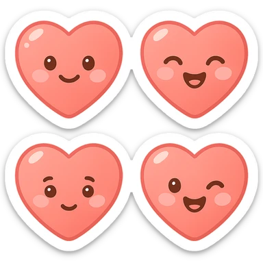 A series of illustrations heart in a kawaii emoji style, with detailed shading and highlights, thin clean outlines, soft and rounded features. Pastel color palette using  #FE655F, #F4A6A6,#FECDC9 The style is inspired by modern Japanese pop art and sticker aesthetics. Highly detailed, vector clarity, soft lighting and subtle shadows. Transparent background without background. sticker