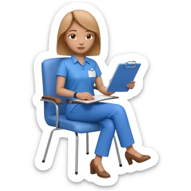 Generate an emoji of a female AI ethicist in blue shirt brown pant sitting in a chair and has a checklist stating AI ethics elements like stop bias, fairness score. I want 3d figurine sticker