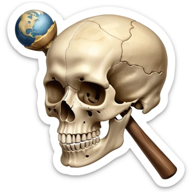 An icon featuring a human skull and fossilized bones, symbolizing the study of anthropology. The design includes archaeological tools like a pickaxe and brush, with a background of ancient artifacts and a globe. Transparent background emphasizes the exploration of human history and evolution. sticker
