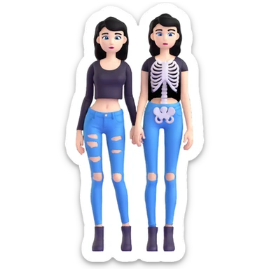 black-haired, blue-eyed person wearing a black skeleton top and ripped black jeans sticker
