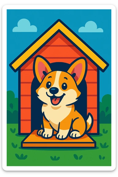 a cute, playful corgi sitting inside a dog house, vibrant toon style, cartoonish, colorful sticker