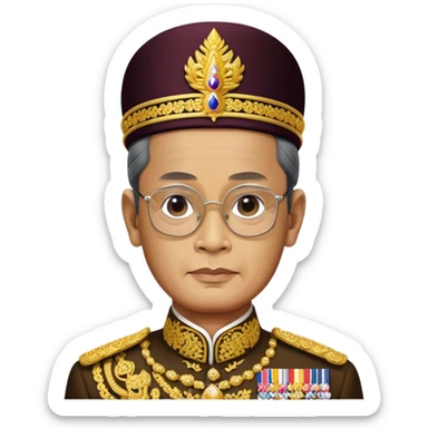 Cinematic Realistic King Bhumibol Adulyadej Portrait Emoji, depicted as a revered Thai monarch with a dignified expression and traditional royal attire, rendered with lifelike textures and soft regal lighting that captures his lasting legacy. sticker