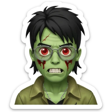 homem zumbi de óculos mullet piercing na boca piercing nas duas sobrancelhas duas orelhas giradas trágus esquerdo furado cabelo preto com muita olheira deixar pele dele verde dentes brancos e olhos vermelhos e ensanguentados sticker