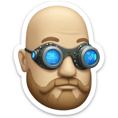 Bearded Fat bald cyborg head with tan skin, blue steampunk goggles and circuits sticker