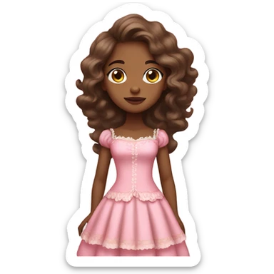 a brown skin girl standing wearing a rococo dress pink with the hairstyle of wavy long brown hair sticker
