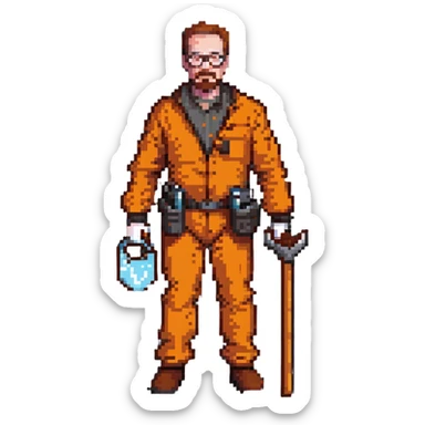 Walter White as Gordon Freeman, pixel art, orange suit, glasses, crowbar sticker