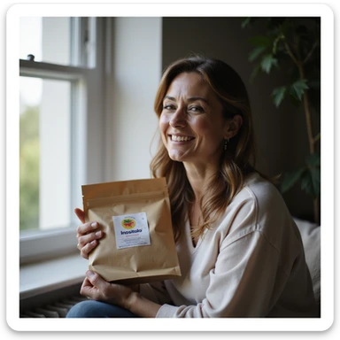 woman sitting near a window holding a package with the word 'Inositolo' clearly readable, natural appearance, slight smile, home environment, lifestyle photography, natural light sticker