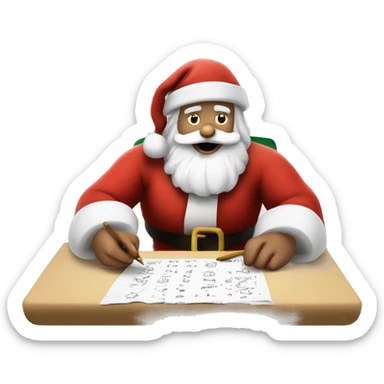 European Santa Claus is sitting on a desk, writing something down on a sheet of paper, solving complicated math puzzles sticker