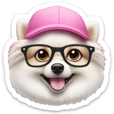 A white Pomeranian in a pink cap and glasses sticker