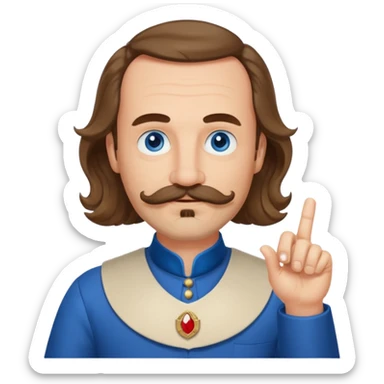 French writer Corneille, brown mi-long wavy hair, baldness on the forehead, moustache, goatee, dressed with a collar,blue eyes, with the finger up sticker