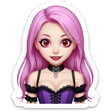 pretty scary girl, long straight LIGHT pink HAIR,SCARY RED eyes, black eyeliner, pale skin, purple corset clothes with laces, AND WITH A GRIN SMILE  sticker