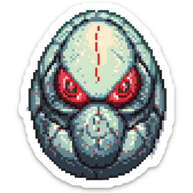 a strange transparent alien egg with a visible creature inside, embryonic, fetal shape creature, 3 glowing red eyes, illuminated from above sticker