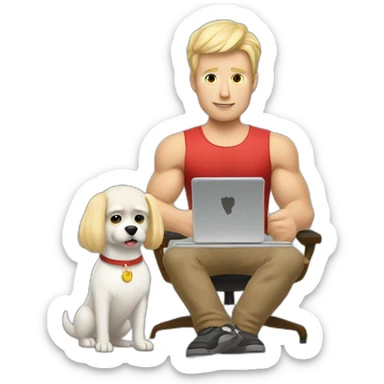 blonde muscly danish man with computer and poker and a small white dog sticker