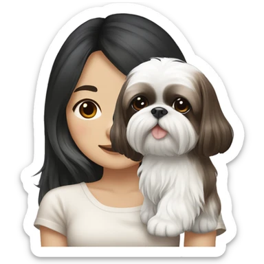 long black hair korean girl with white and brown colored shih tzu sticker