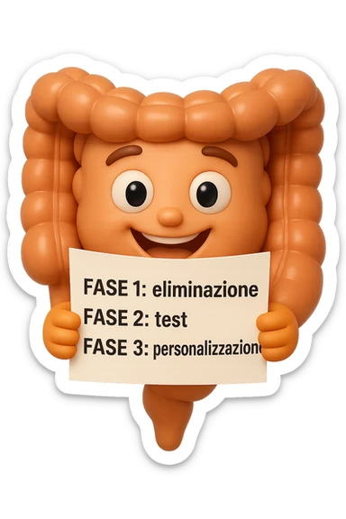 emoji stile iphone 3d di un intestino che tiene in mano un foglio con la scritta "FASE 1: eliminazione, FASE 2: test, FASE 3: personalizzazione, IPERREALISTICO 4K sticker