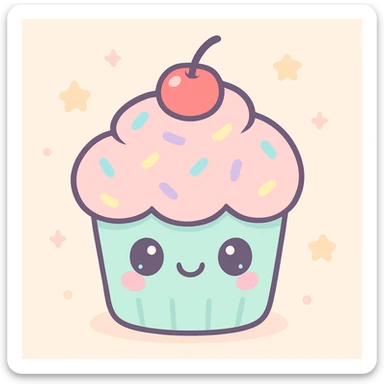 pastel cupcake with rainbow sprinkles and a cherry on top, kawaii cartoon style sticker