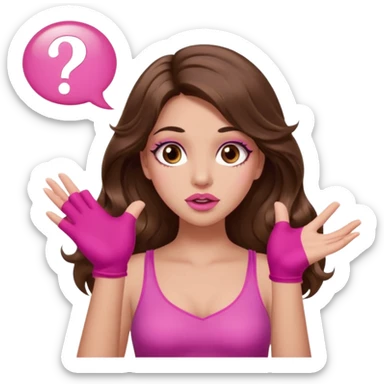 girl with long wavy brown hair, brown eyes, long lashes makeup, sexy pink lips, light to medium complexion, pink sexy top, two hands up, shrugging, confused questions mark bubble sign sticker