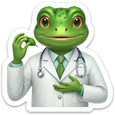 A frog in a doctor’s coat, happily examining a patient, portrait sticker