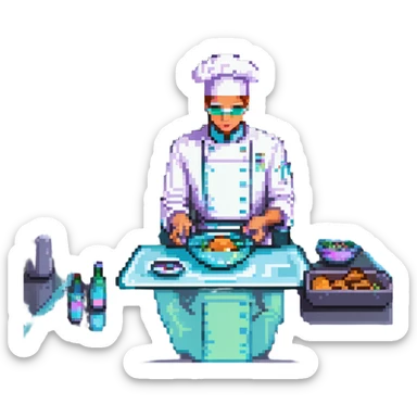 A sleek cyborg baker using holographic ingredients and laser precision. The kitchen is a fusion of chrome, glass, and neon. Interface elements float like holograms, with glowing edges, translucent layers, and tactile feedback illusions. sticker