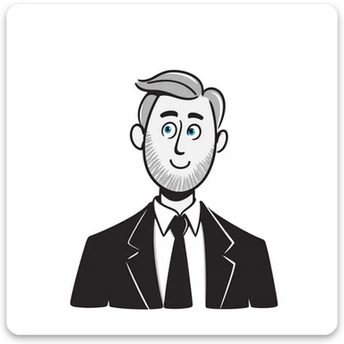 A middle-aged man with a medium slightly gray beard, short hair cut to the scalp on the sides and combed back on top, blue eyes sticker