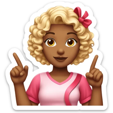 Realistic isolated female cupid character with short curly blonde hair holding up peace fingers with red and pink outfit and red bow in her hair. sticker