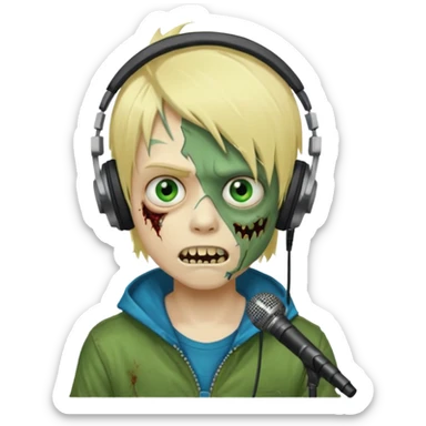 boy zombie whit blonde emo hair and eyes blue and GREEN SKIN and heandphones AND A MICROFONE and gold teeth sticker