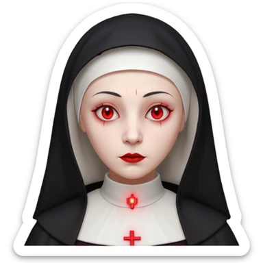 cursed village nun portrait, head and shoulders only, dark hood, mysterious expression, red accents, eerie glow, 3D cartoon, mobile game icon style, clean background, no text, no watermark

 sticker