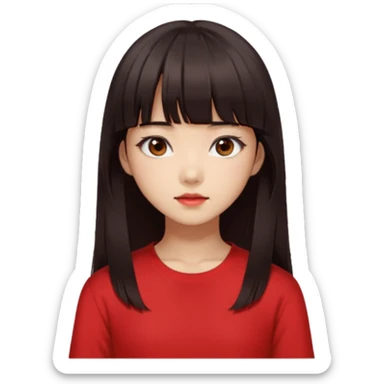 Korean girl, red top, black brown hair, brown eyes, long hair, cool girl, aesthetic, long hair, hime cut, blunt bangs sticker