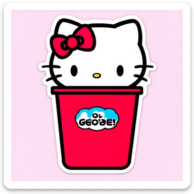A trash bin that says on text GOODBYEEEE with hello Kitty in it sticker