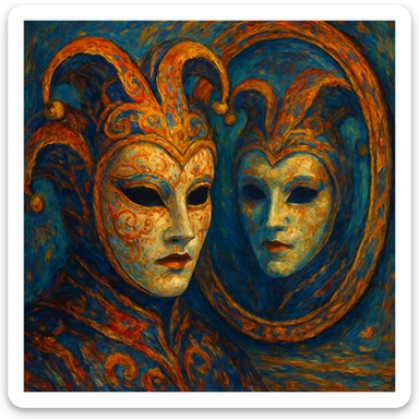 a mask in front of a mirror with the mask's reflection visible, different artistic style, creative, detailed sticker
