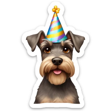 Brown schnauzer with a birthday hat sticker