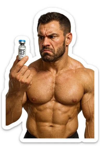 BODYBUILDER CHE TIENE IN MANO UNA FIALA MEDICA CON la scritta "BPC 157" SULL'ETICHETTA E LA GUARDA DUBBIOSO, iperrealistico 4k sticker