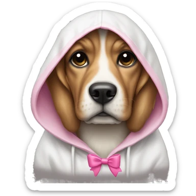 dog wearing a white hoodie with a pink bow on it sticker