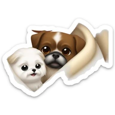 A Women with brown hair is cradling her white Pekingese in a beige blanket sticker