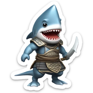 A fully chromed figurine of a shark in a samurai outfit. sticker