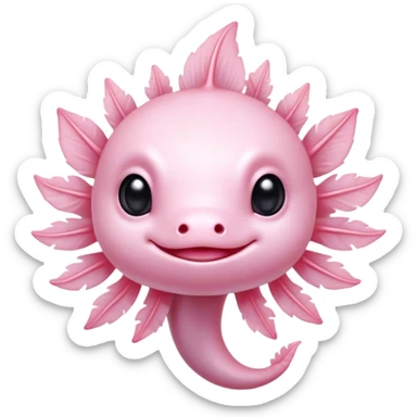 Cinematic Cute Axolotl Portrait Emoji, Head tilted playfully and inquisitively, featuring smooth, pale pink skin with delicate feathery gills and round, sparkling dark eyes filled with curiosity, Simplified yet irresistibly adorable features, highly detailed, glowing with a warm, magical glow, high shine, affectionate and quirky, stylized with a touch of whimsy, bright and endearing, soft glowing outline, capturing the essence of a mischievous yet charming aquatic friend, so playful it feels like it could swim out of the screen and into your heart! sticker