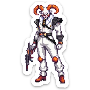 full-body muscular demonic clown, battle-ready, black and white leisure suit with bellbottom pants, bald, black ram horns, flashy black and white belt, ruffled white shirt, no neck tie, large fangs, holding very large futuristic rifle sticker