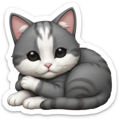 dark grey and white small cat with his eyes closed, leaning his head on his paw while leaning on his elbow lying down sticker