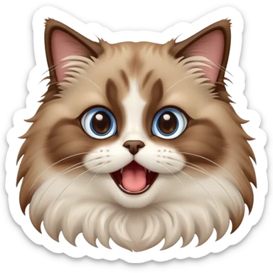 cinematic-adorable-big-eyed-fluffy-brown ragdoll-cat-portrait-emoji,-head-tilted-playfully-with-a-cute,-yawn,-white and brwon fur,-simplified-yet-irresistibly-cute-features, blue eyes sticker