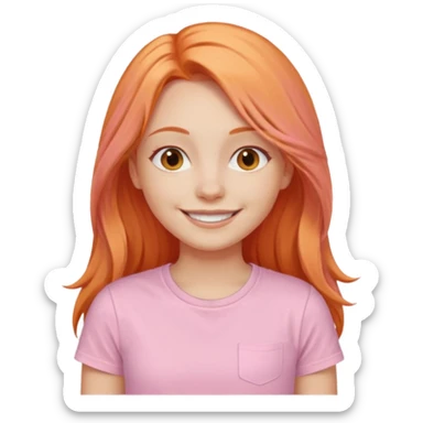 The girl with long orange hair is very happy. Make the girl similar with the reference picture. Change her sweat. Make it pastel pink t-shirt. sticker
