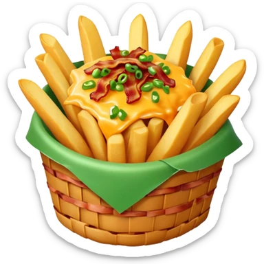 Food basket of fries, topped with melted cheese, bacon, and green onion sticker